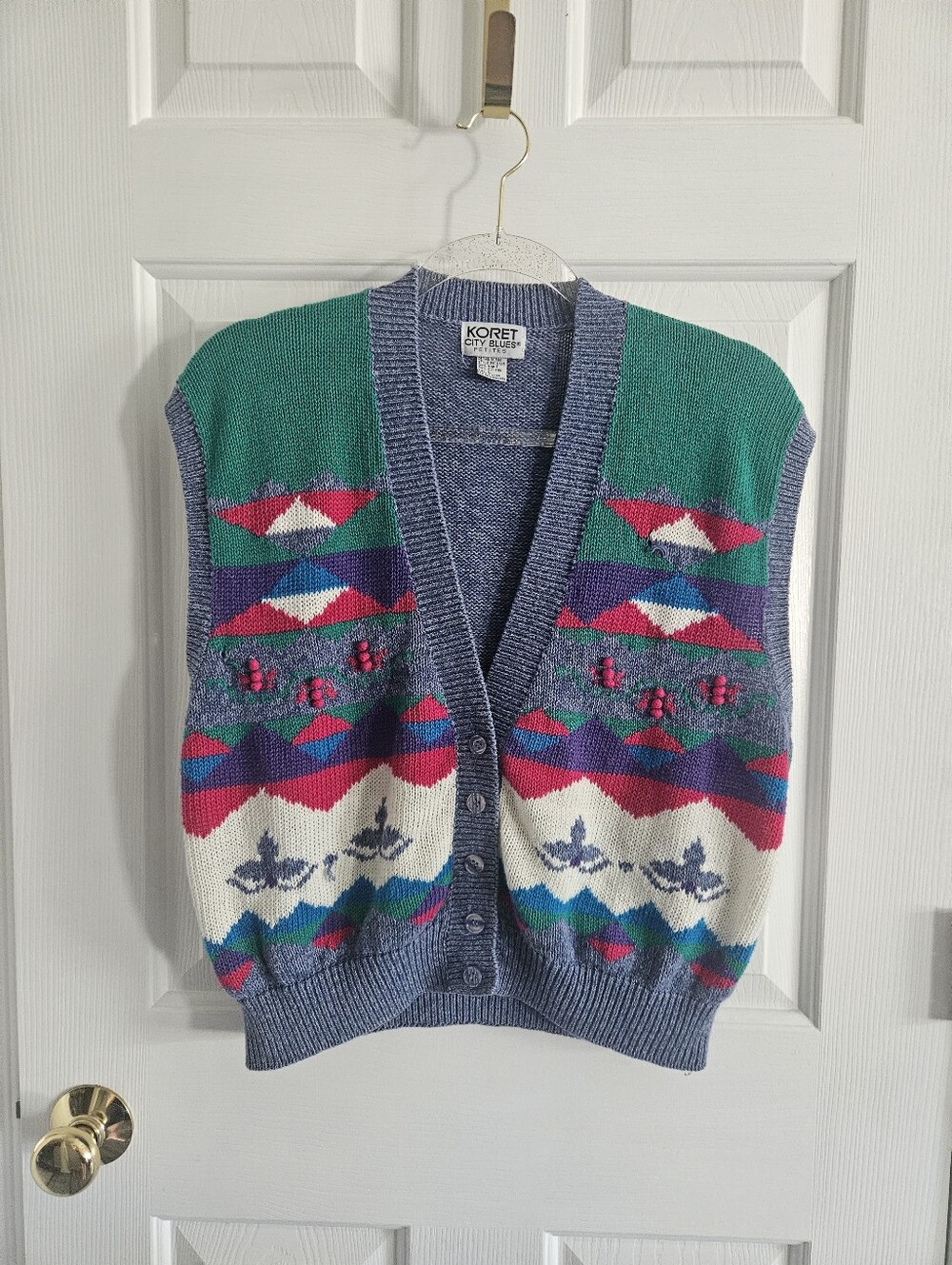 Vintage 80s Koret City Petite Blues Geometric Floral Instarsia Knit Sweater Vest